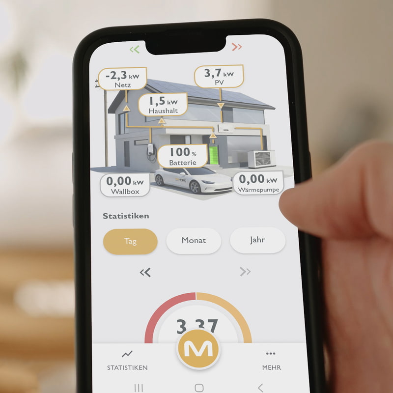 Eine Hand hält ein Smartphone in der Hand, darauf das Dashboard der M-TEC Energiemanagement-App ersichtlich ist.