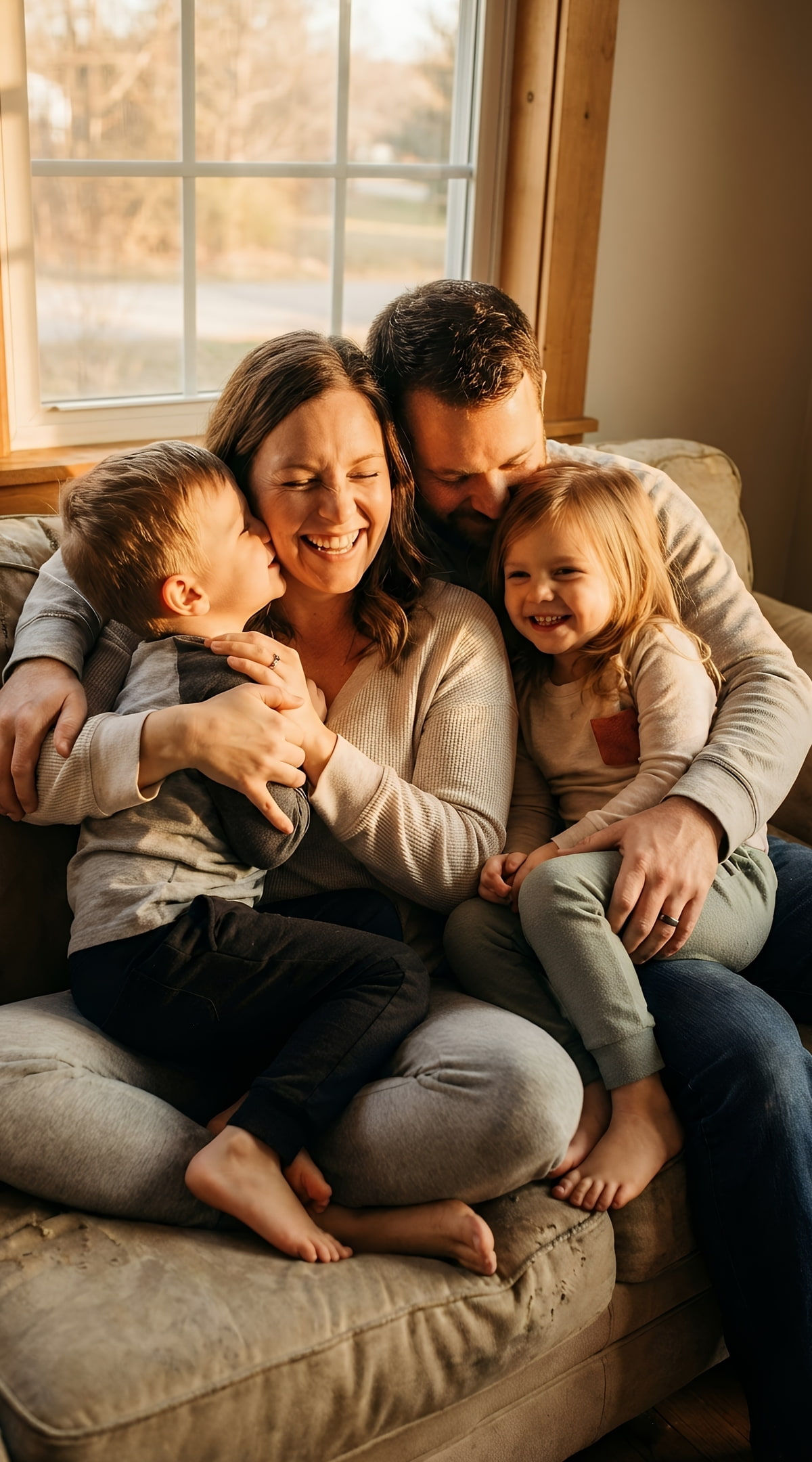 Zwei Erwachsene und zwei Kinder sitzen auf einem Sofa und wirken dabei sehr zufrieden Zwei Erwachsene und zwei Kinder sitzen auf einem Sofa und wirken dabei sehr zufrieden
